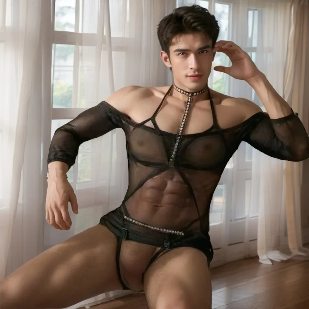 

Male Elastic Lingerie Body Bondage Harness Set Gay Clothing Sexy Costume Hollow Out Bodysuit Rave Outfits For Men Party Clubwear
