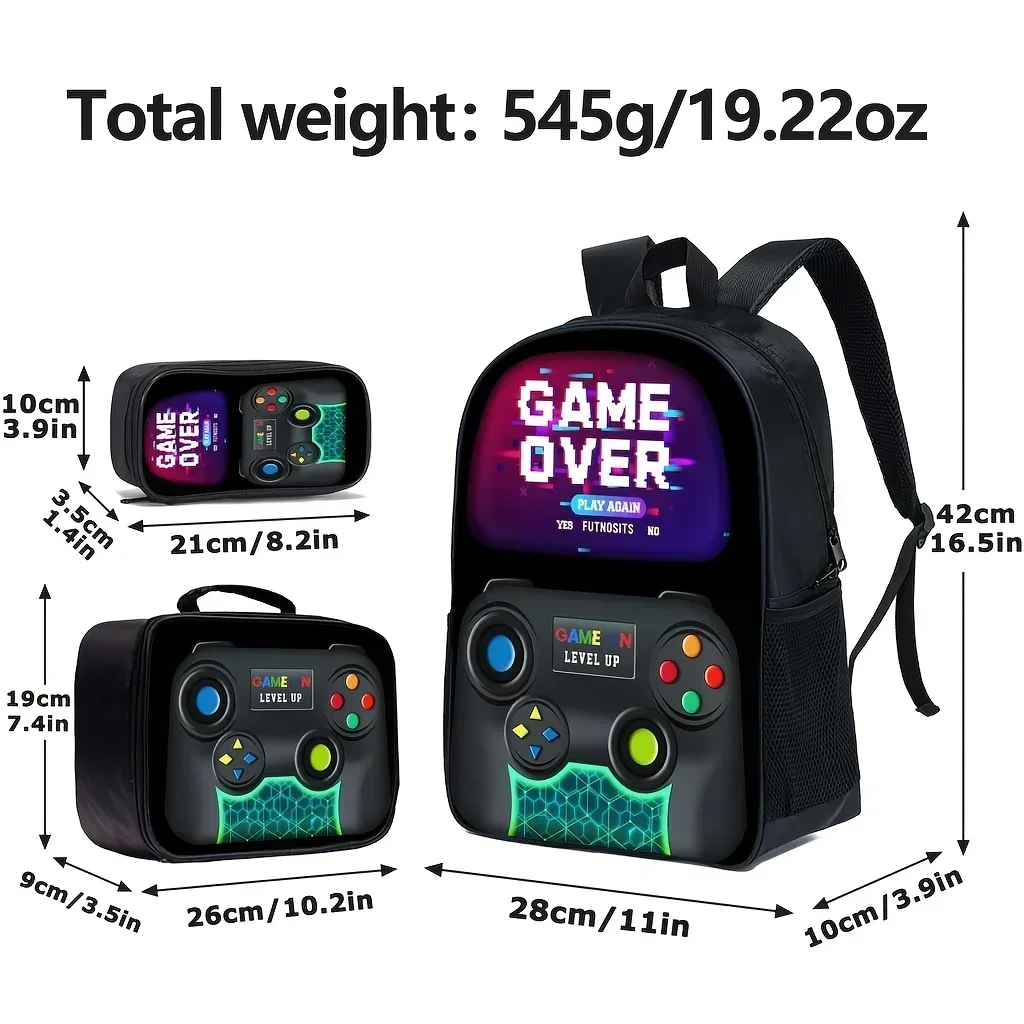 Custom Bag Game Console Print Pattern Backpack, Teenager'S Large Capacity Three-Piece Set Bag, For Teenager, For Teenager
