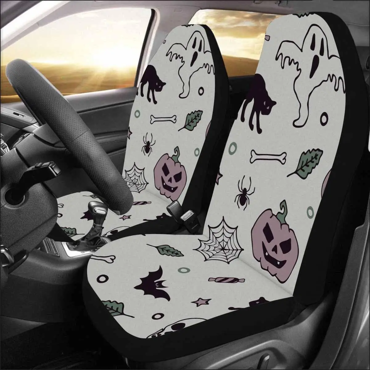 Ghosts and Pumpkin Car Seat Covers Set of 2 Seat Covers Bright Halloween Doodle Pattern Cute Car Accessories Four Seasons