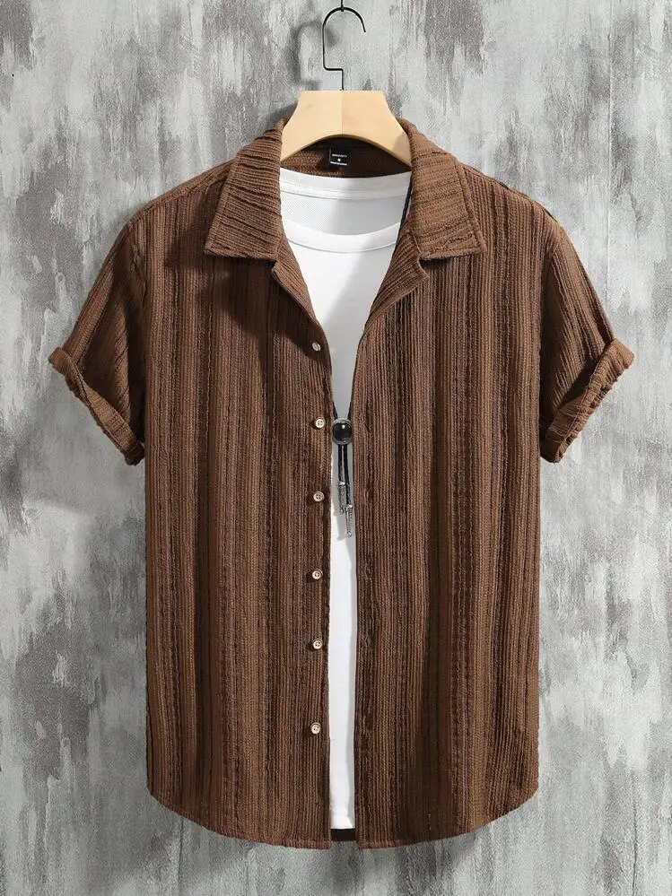 Men s Summer Short Sleeve Single Breasted Casual Commuter Brown Shirt
