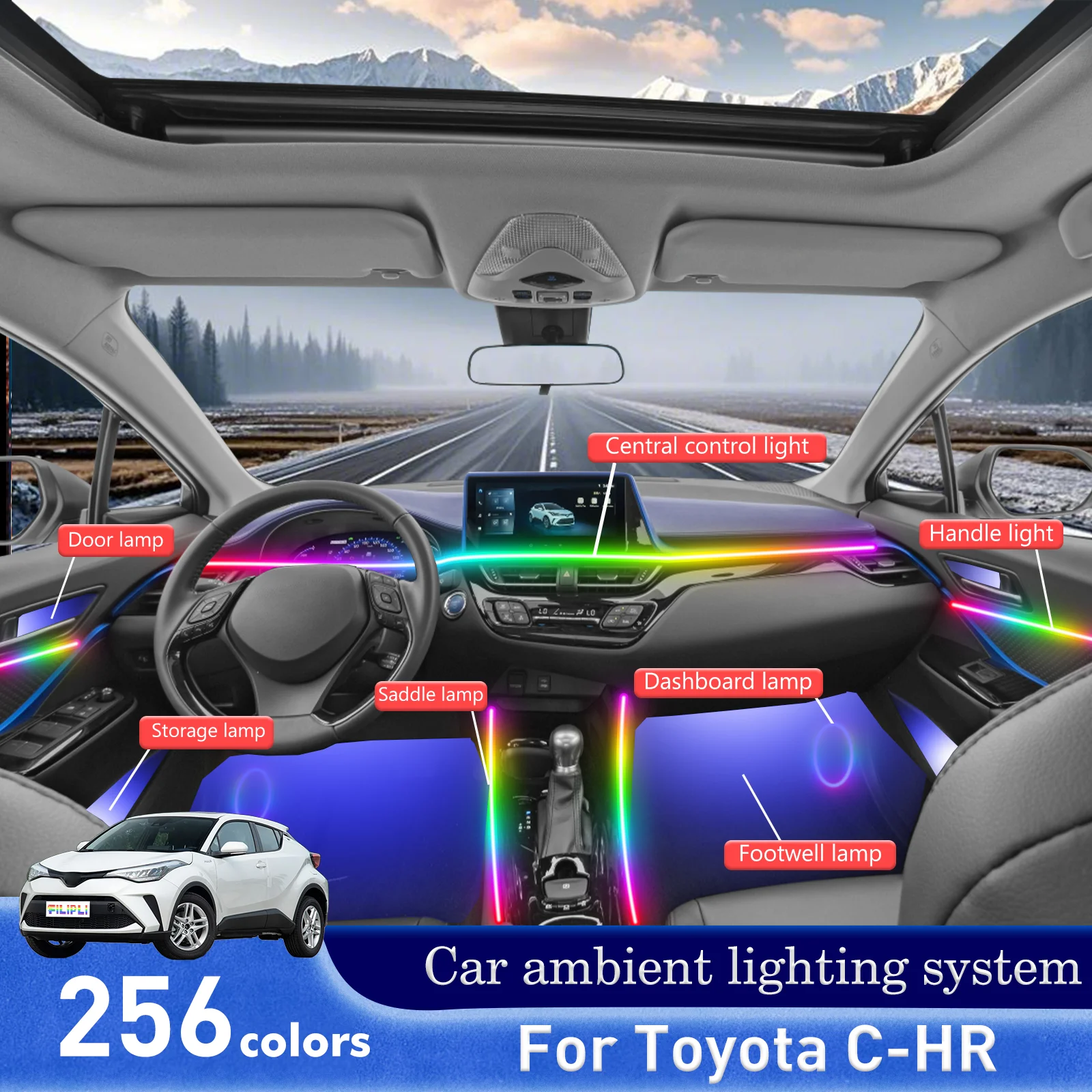 

For Toyota C-HR Car Interior Ambient Light RGB 64-Color LED Smart Remote Control Energy Saving Lamp Set