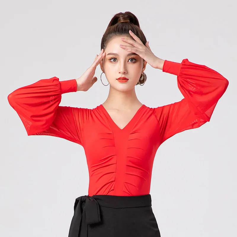 Girl Dancewear Ballroom Samba Tango Flamengo Dancing Practice T-shirt Costume Latin Top Women Dance Basic Top Training Suit