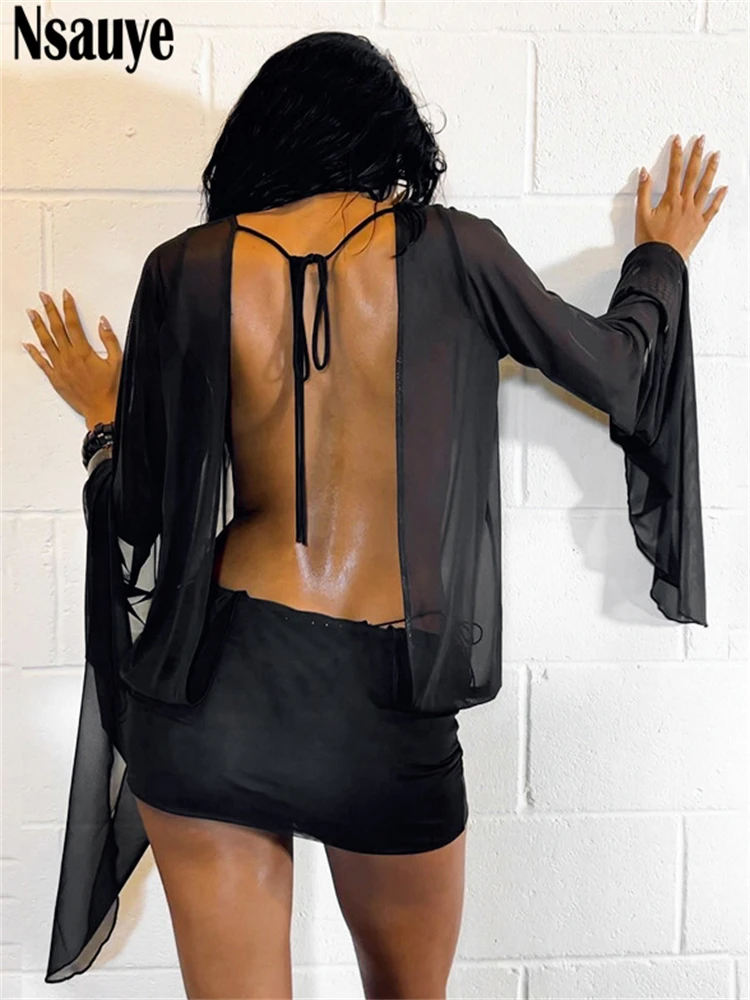 Nsauye Sexy Women Mesh Low Cut Out Fashion Summer New 2025 Mini Dress Backless Long Sleeve Evening Party Night Club Dress Outfit