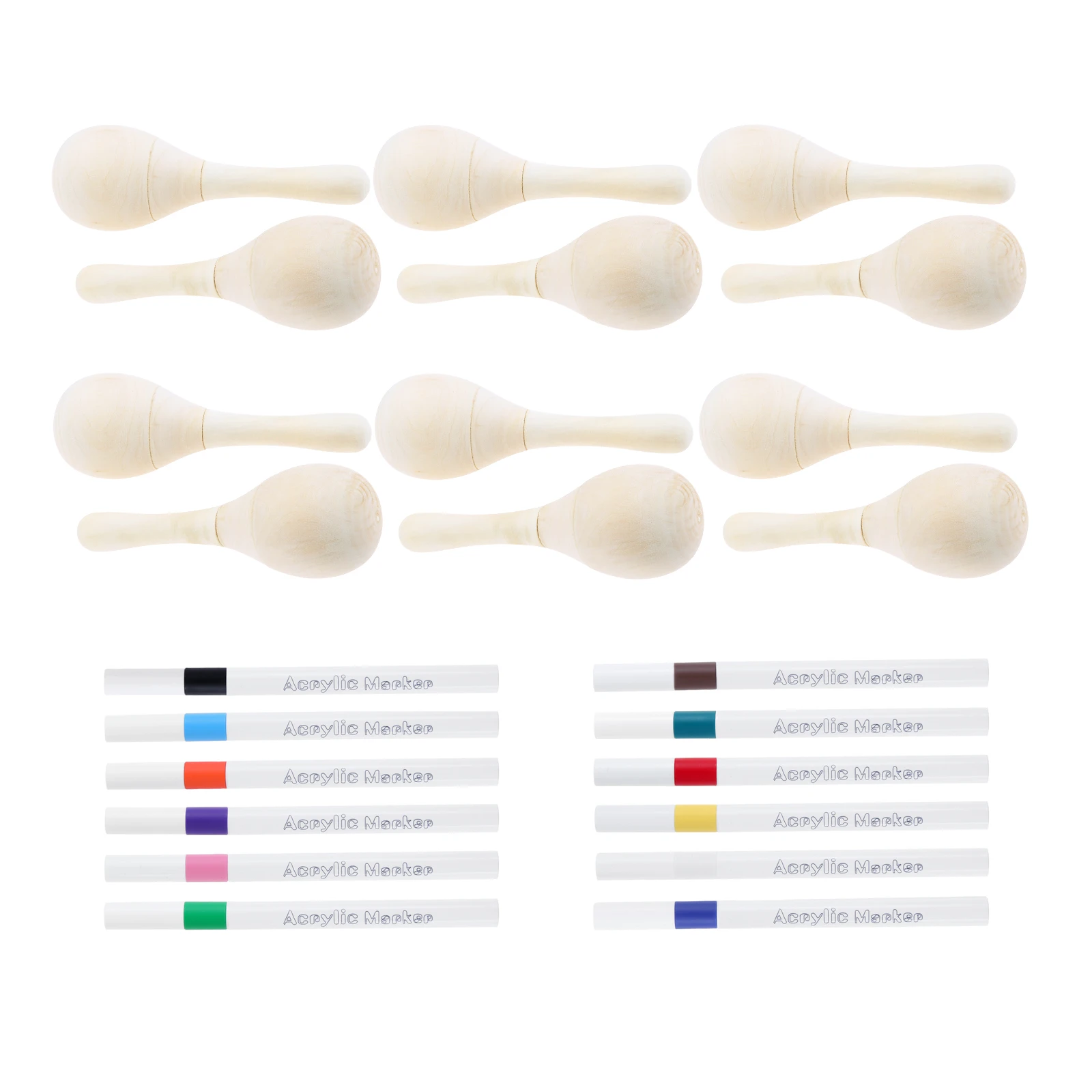 12 maracas de madera sin terminar para bricolaje con marcadores acrílicos de 12 colores, instrumentos para eventos en el aula, recuerdos de maracas mexicanas, herramienta para fiestas