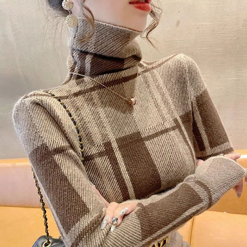 Winter New High Collar Vintage Plaid Print Two-sided Velvet Warm T-shirt Women Long Sleeve Slim All-match Bottoming Pullover Top