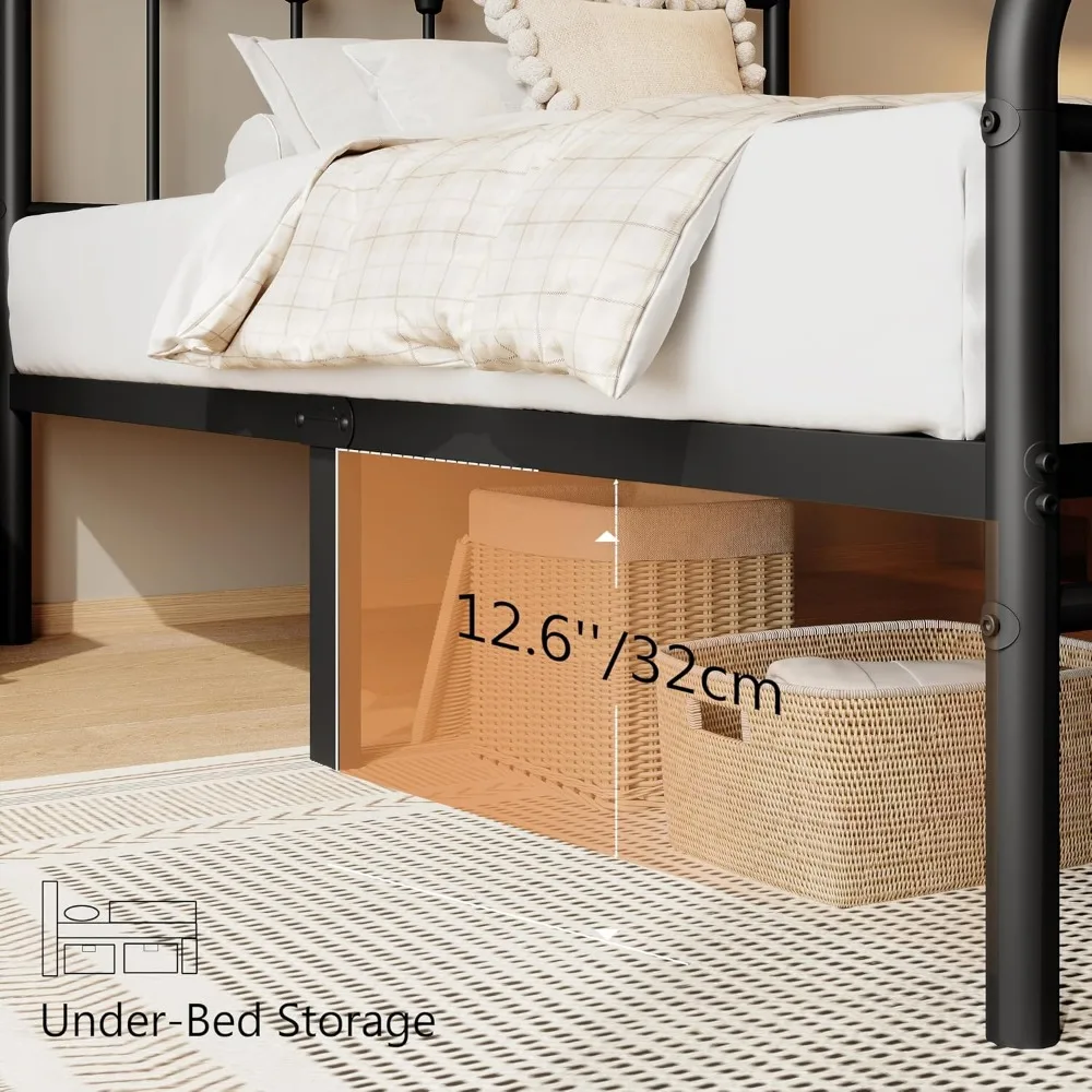 Twin Metal Platform Bed Frame with Victorian Headboard, Steel Slat Support, Easy Assembly, Underbed Storage