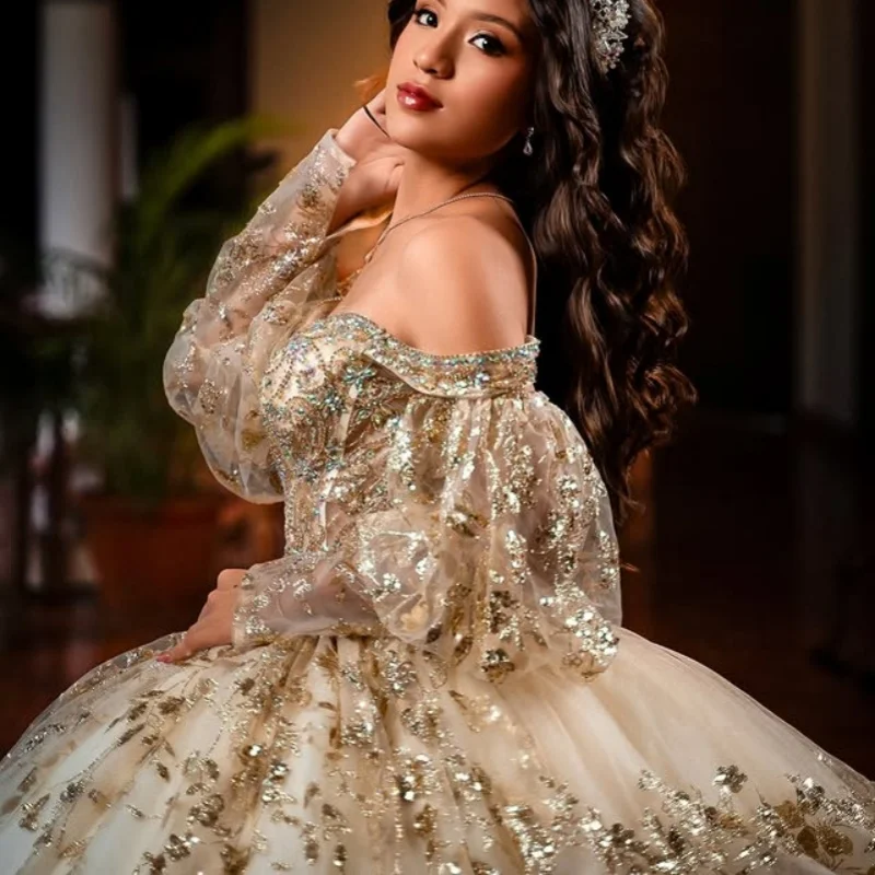 

Блестящее золотое платье Quinceanera цвета шампанского, кружевное многослойное тюлевое блестящее платье с длинным хвостом, платья de 15, Quinceanera ﻿ Индивидуальный
