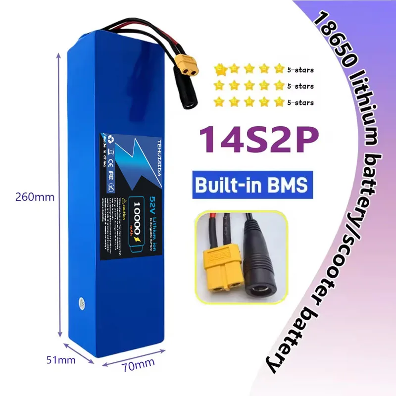 New 14S2P 52V 10000mAH Lithium Ion Battery Pack 1500W High Power for Bicycle Scooter Motorcycle Built in BMS