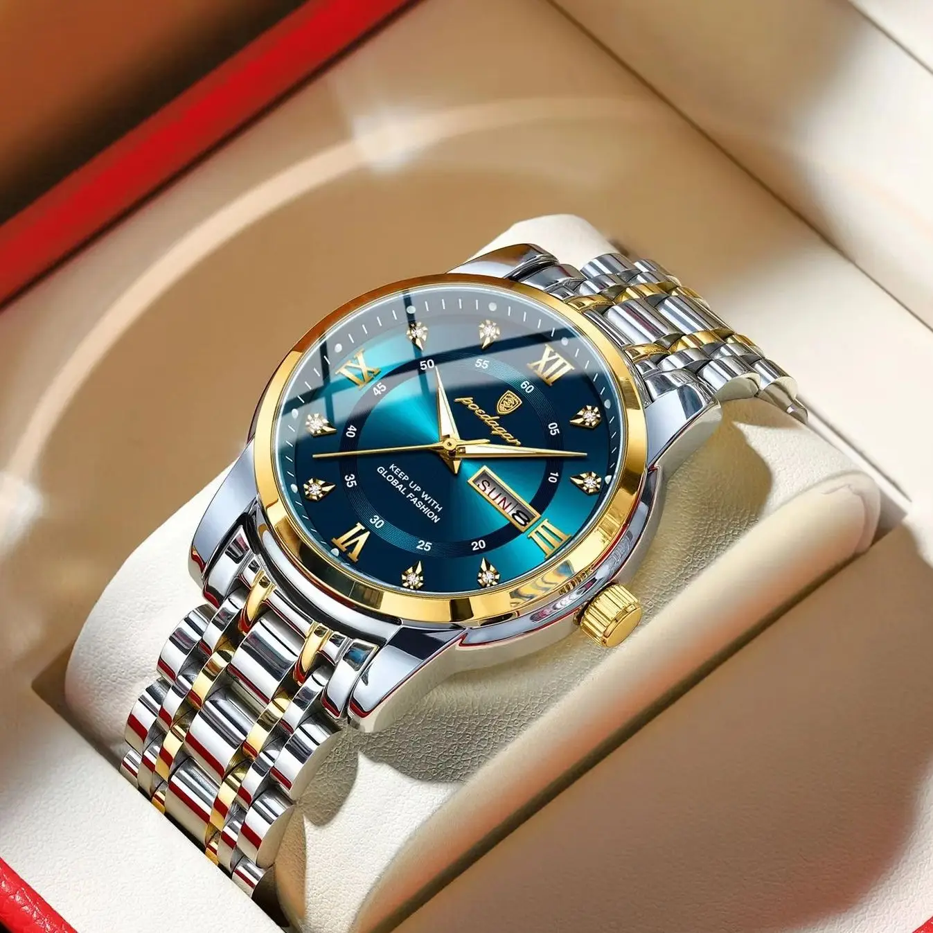 POEDAGAR Original Luxury Watch for Men Date Week Waterproof Luminous Man Watch Stainless Steel Quartz Business Men's Watches+Box