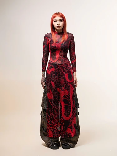 Imagen 2 del producto Nibber-Blusa transparente con estampado de serpiente para mujer, cuello medio alto, mangas largas, aberturas altas, alta elasticidad, Tops largos ajustados de tendencia urbana