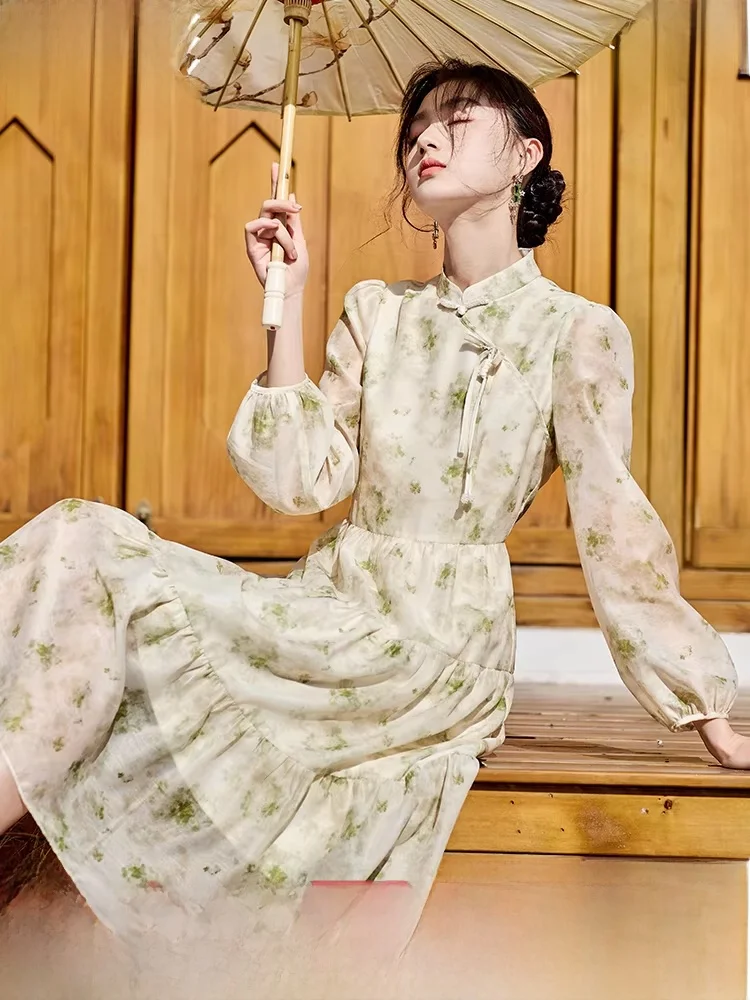 

Xiangng New Chinese Sle Floral Print Dr Women's een Fre Sle Qipao Long Sve Stand Collar Midi Dr for Autumn