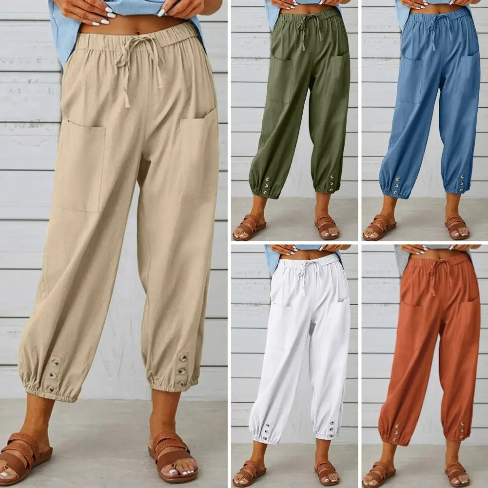 

Women Cotton Linen Pants 2024 Autumn Solid Color Elastic Waist Loose Straight Trousers Female Harajuku High Waist Wide Leg Pants