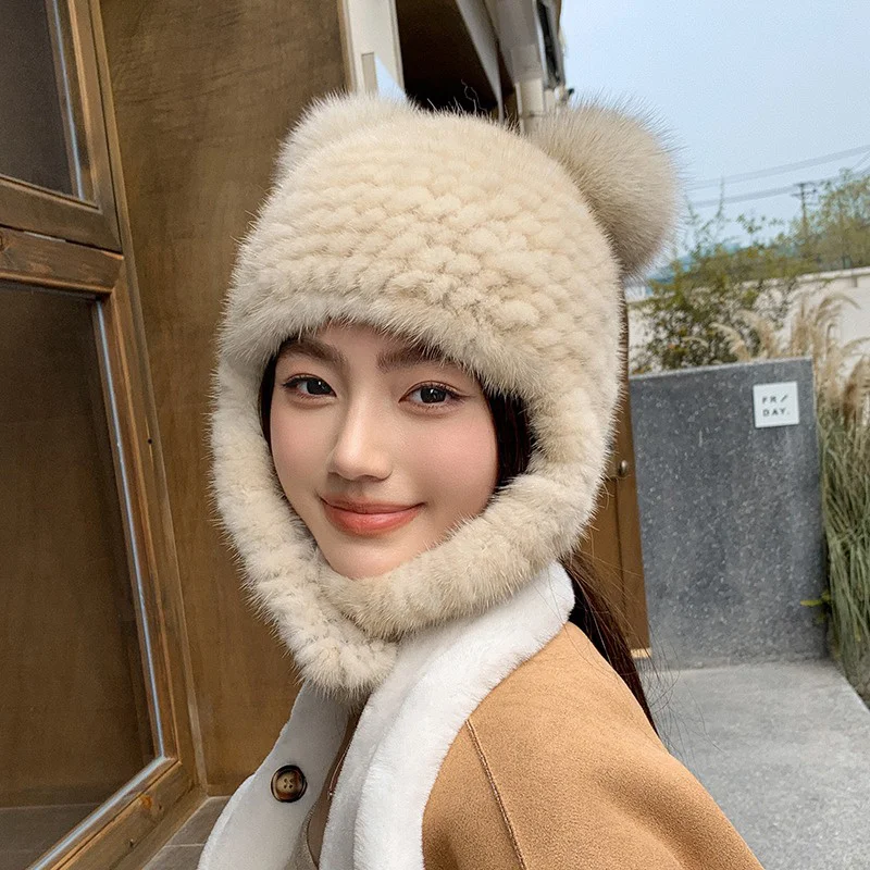 Korean Winter Knitted Hat Mink Hair Women's Fashion Cat Ear Casual Hat Outdoor Thickened Warm Ear Protection Hat 2023