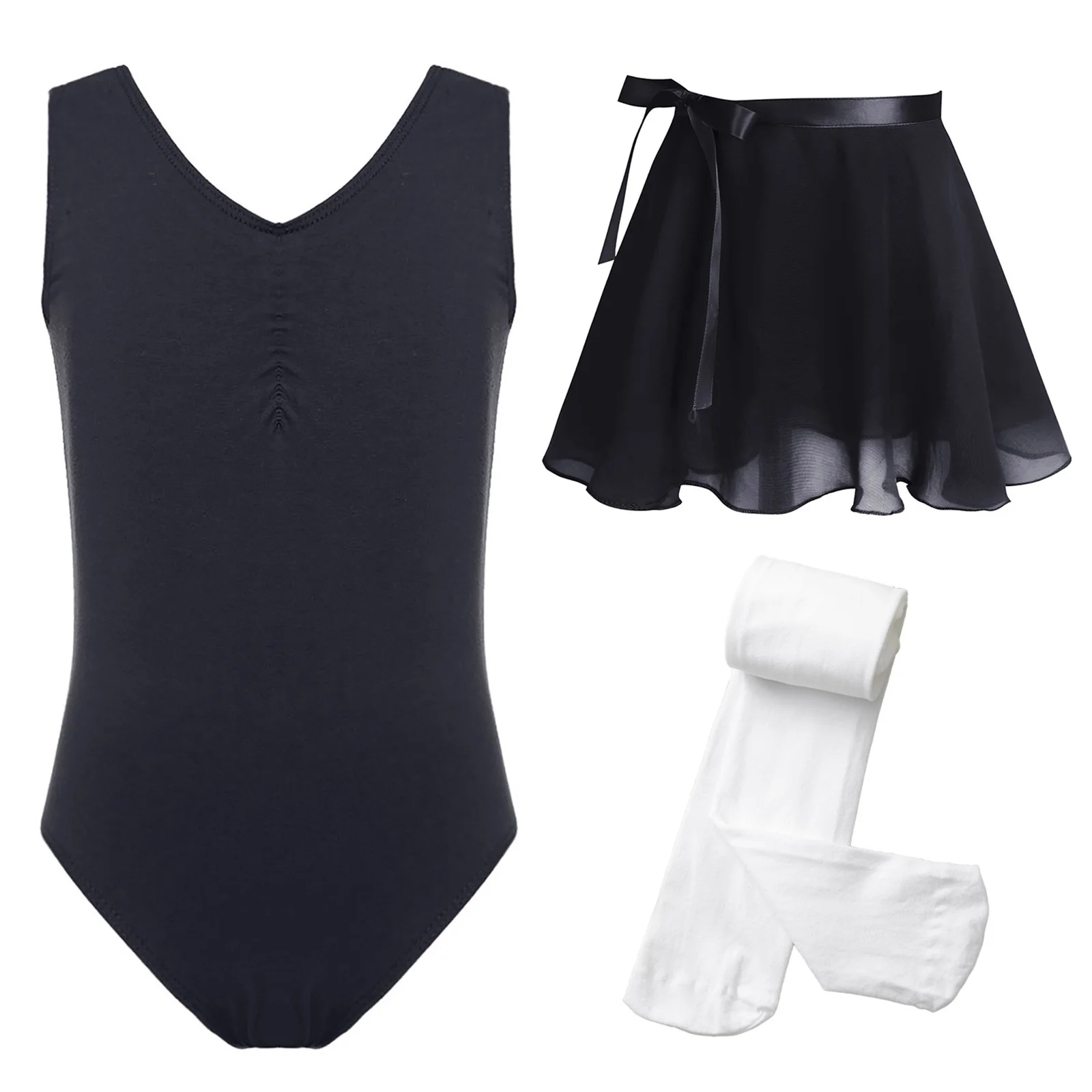 Black Ballet Dance Dress Kid Girl Sleeveless Gymnastics Leotard+Self-Tie Skirt+Pantyhose Stage Performance Lyrical Dance Costume