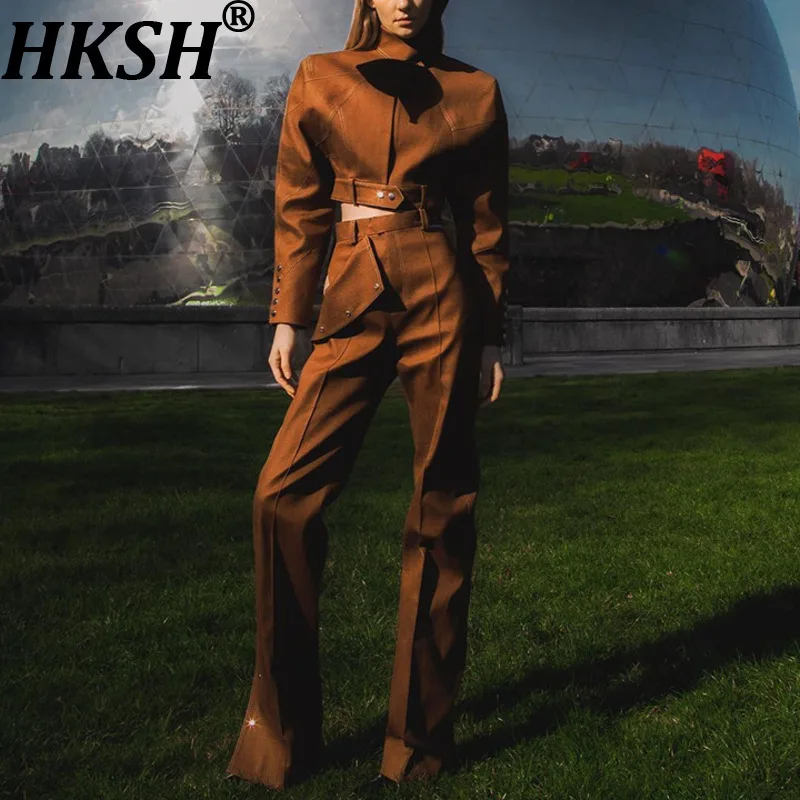 

HKSH Autumn Winter New Women American Vintage High Street Fashion Suit Chic Ins Short Jacket Trendy Straight Button Pants HK9430