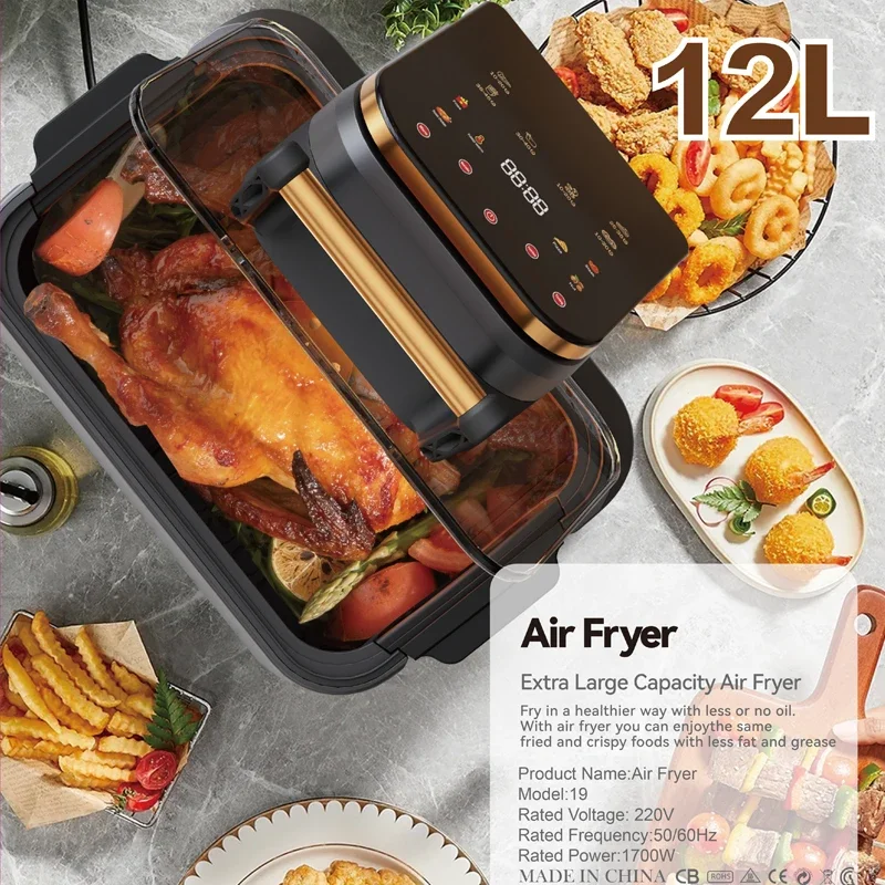 12 Liter Digital Electric Air Fryer with Unique Design Square Stainless Steel and Plastic LCD Display and US Plug