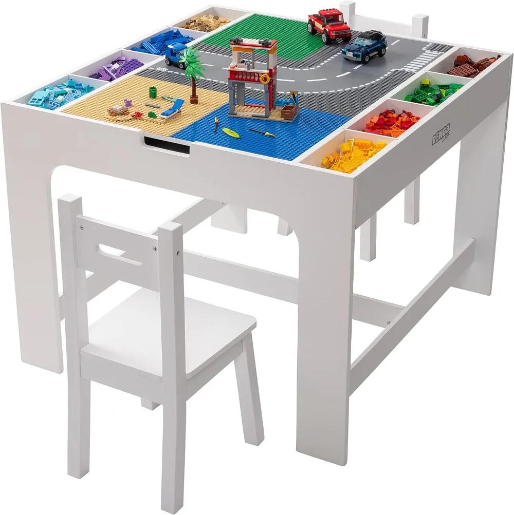 Kids 2 in 1 Play Table and 2 Chair Set with Storage, Compatible with Lego and Duplo Bricks