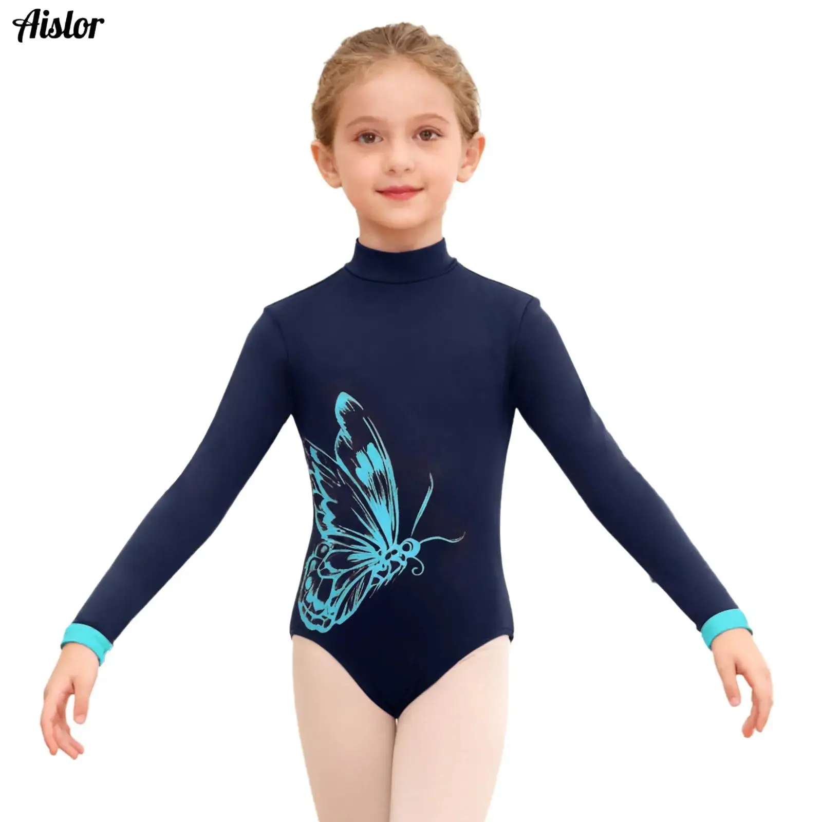 

Kids Girls Fleece Lined Gymnastics Ballet Dance Leotard Winter Long Sleeve Butterfly Pattern Leotard Bodysuit Practic Costume