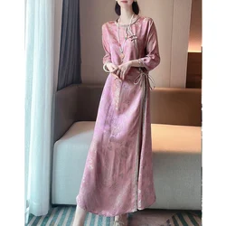 Summer New Chinese Style Midi Dress Women Round Neck Three Quarter Fashion Dresses Vintage Elegant Button Lacing Printing Robe