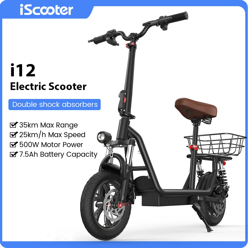 iScooter i12 Electric Scooter with Basket 500W 7.5Ah Electric Kick Scooter 12inch Pneumatic Tire 35km Range 25km/h eScooter