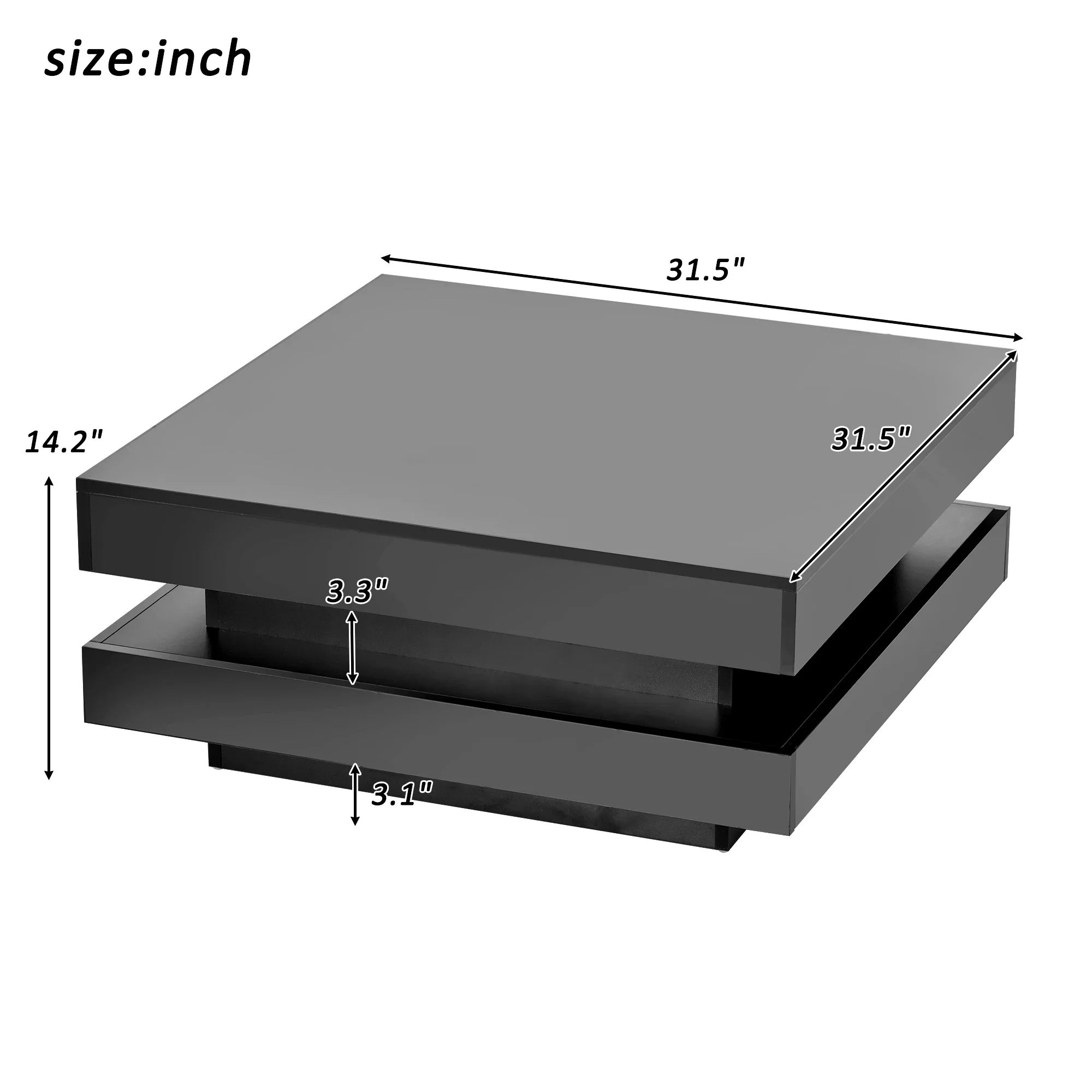 Mesa de centro para sala de estar, diseño minimalista de alto brillo con luces LED enchufables de 16 colores, mesa de centro cuadrada de 2 niveles,