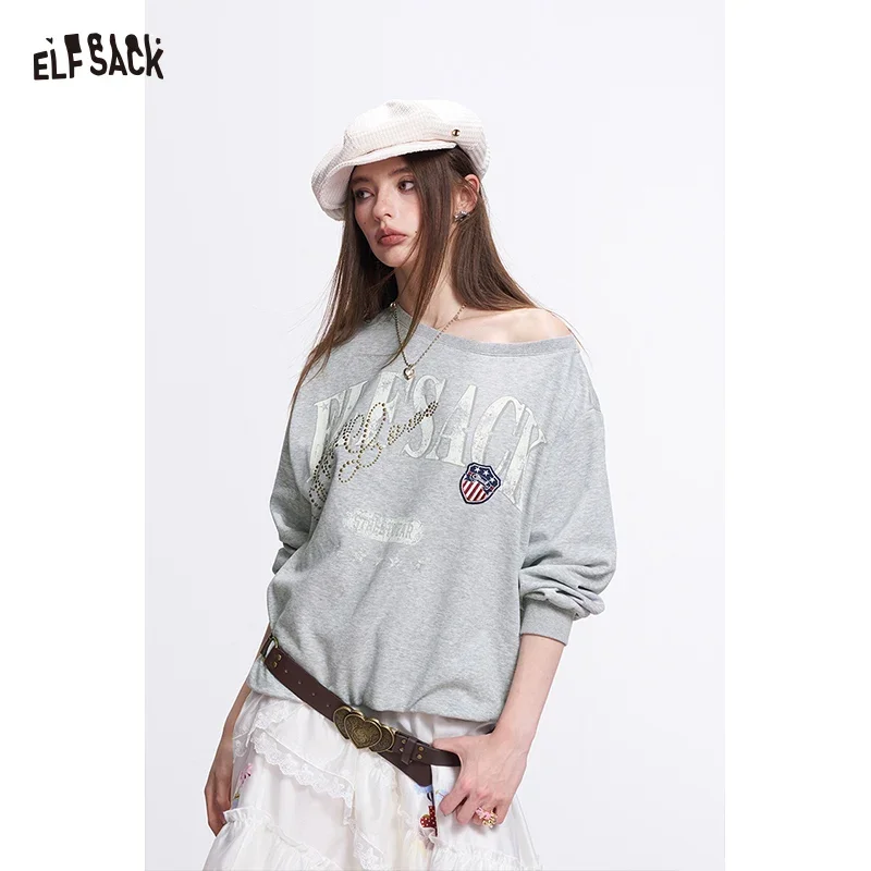 ELFSACK Cute Off-Shoulder Sweatshirt , Retro Graphic Gray Pullover, Oversized Aesthetic Top for Summer Casual Outfit