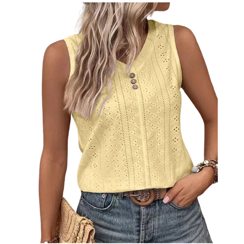 2023 Women Blouses Summer Sexy Tank Hollow V-Neck Button Loose Shirts Elegant Sweet Casual Sleeveless Solid Color Oversized Tops