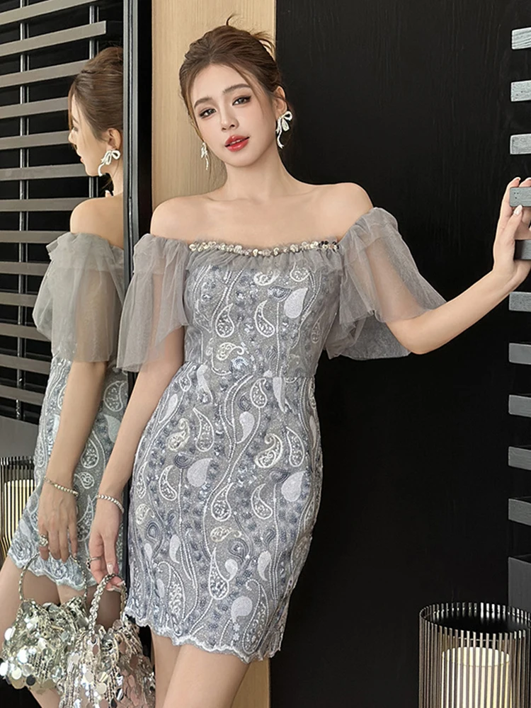 Vestido de noche de lentejuelas brillantes Retro, ropa elegante para mujer, vestidos cortos ajustados sexis con hombros descubiertos, Vestido de fiesta de graduación y cumpleaños, nuevo