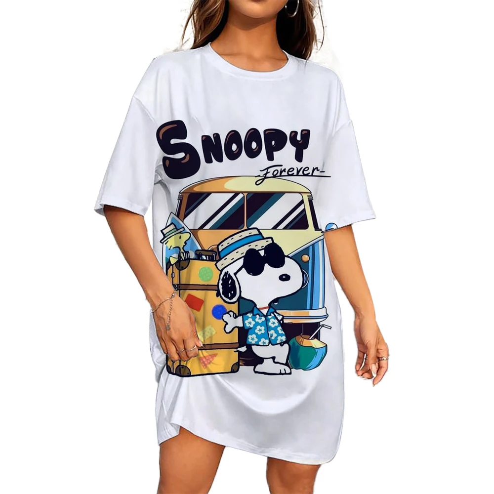 

Versatile Snoopy print Short Sleeve Loose-fit Dress Medium-length Printed Korean Style Women's T-shirt Dress