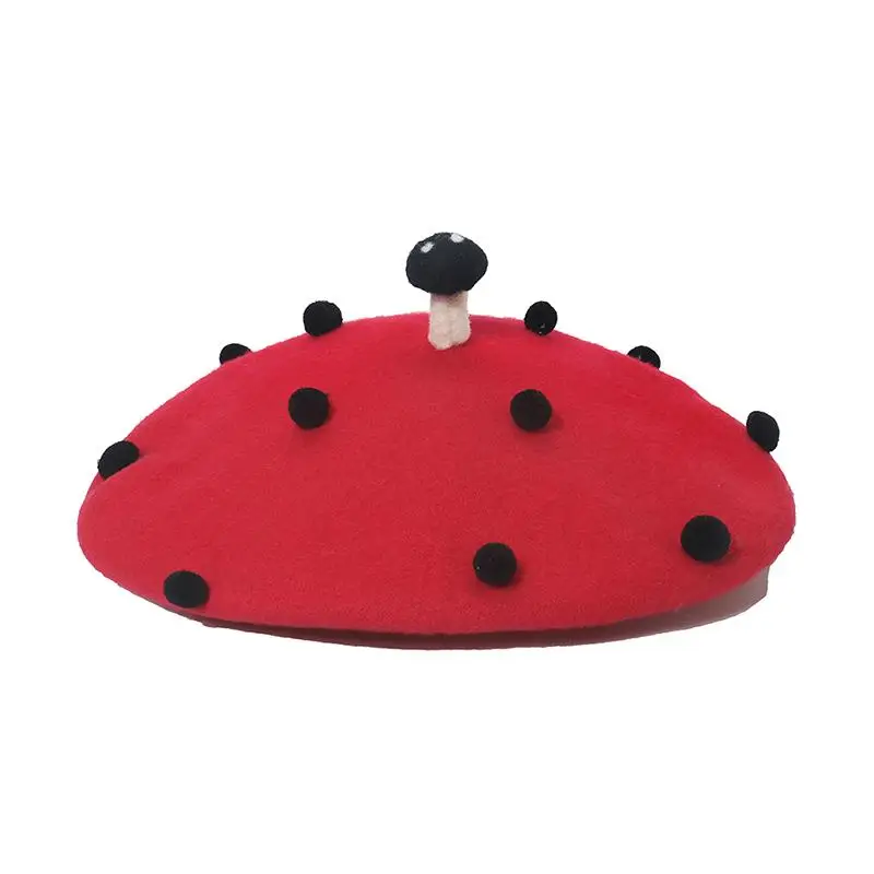 Female Wool Mushroom Handmade Bud Hat Sweet Cute Cartoon Artist Autumn Winter Red French Beret Caps