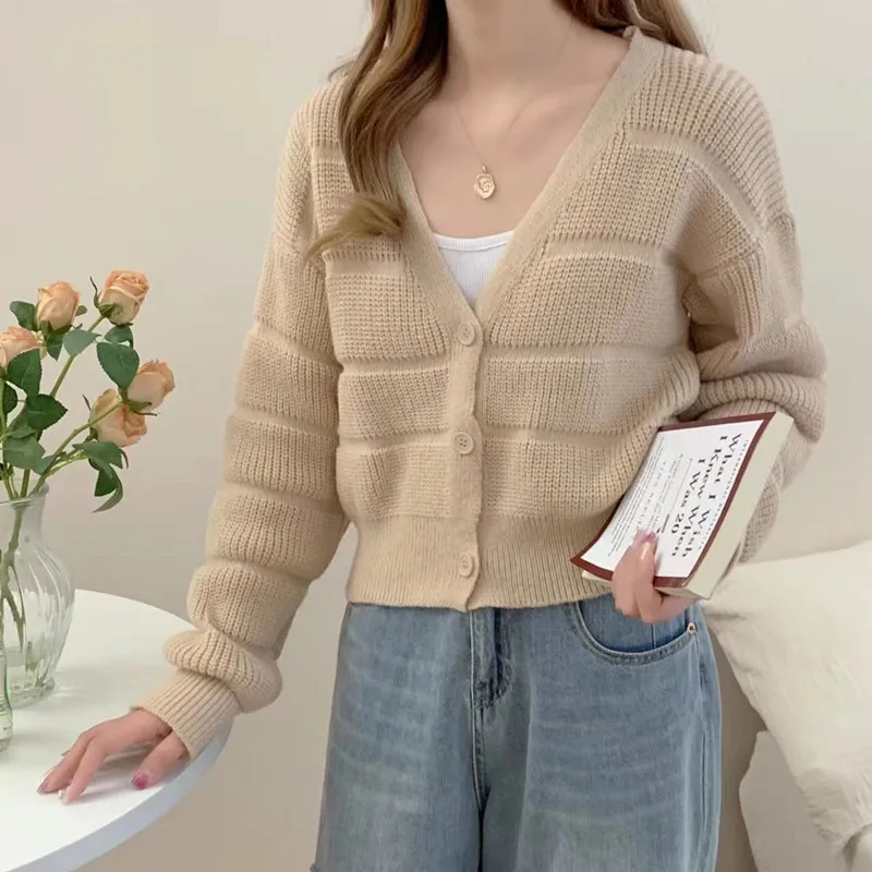 Elegant sweet beauty style sweater cardigan autumn and winter knitted Korean style loose long sleeved casual jacket top E2799