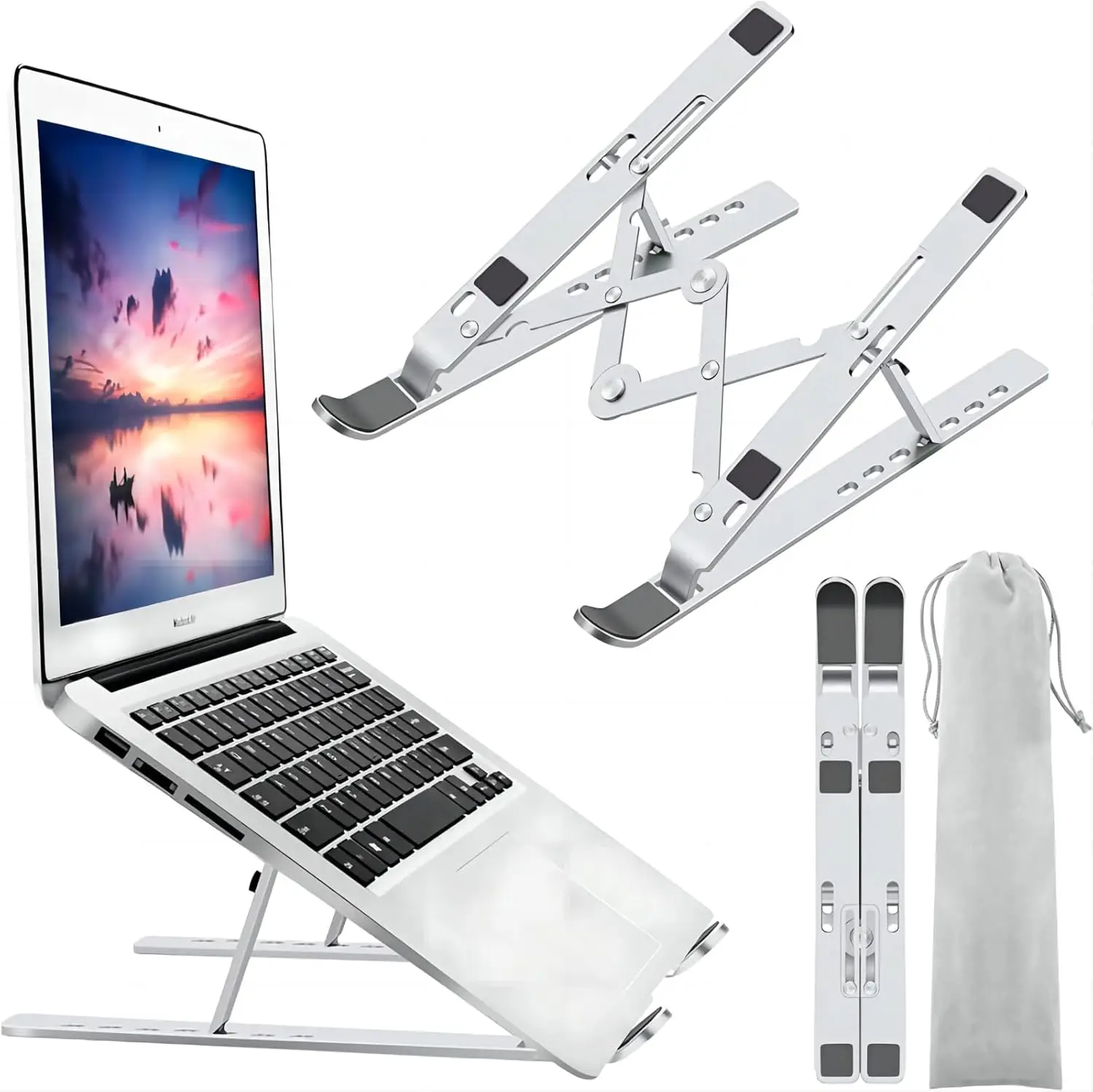 

Ergonomic Adjustable Aluminum Laptop Stand, Foldable Portable for 10-15.6 Inch Computers and Tablets in Silver