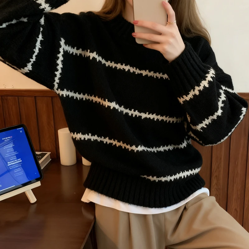 

НОВЫЙ шикарный осенне-зимний женский свободный полосатый свитер с длинными рукавами и круглым вырезом, повседневные вязаные топы, элегантная одежда в корейском стиле в стиле ретро