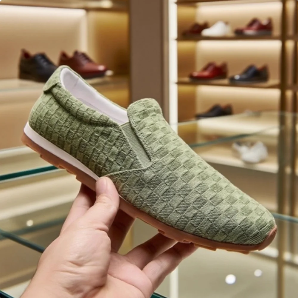 

QHCCID Men Spring Autumn New Woven Canvas Shoes Top-grain Pigskin Lining Rubber Sole Non Slip Breathable Loafers