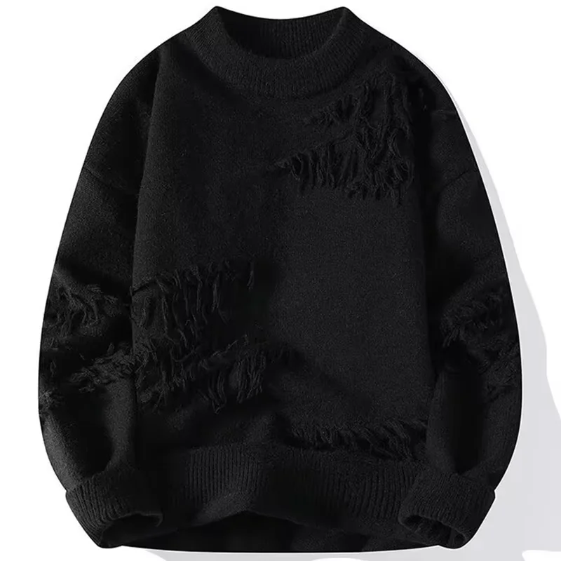 

Hole Design Men's Knitwear Sweater Pullover Autumn Winter Round Neck Solid Color Thickened Knitted Sweater Oversize Male Jumper