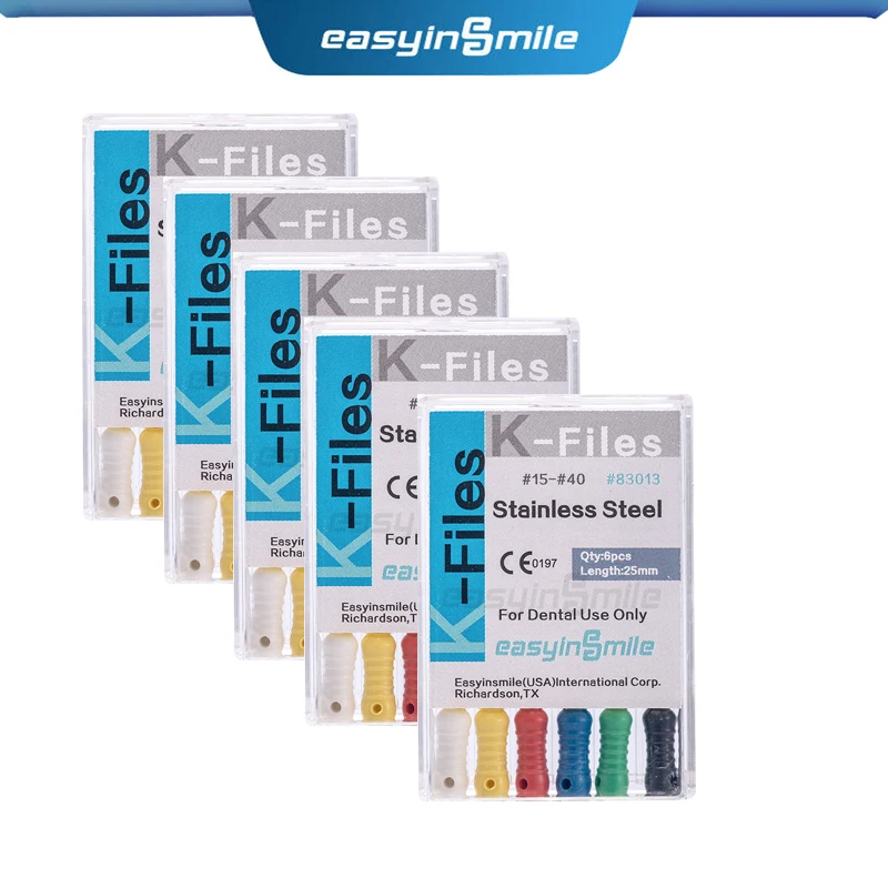 5Packs EASYINSMILE Endo K Files #6 #8 #10 #15 #20 #25 #30 #15-40 #45-80 Dental Stainless Steel Root Canal Hand Use Durable 25MM