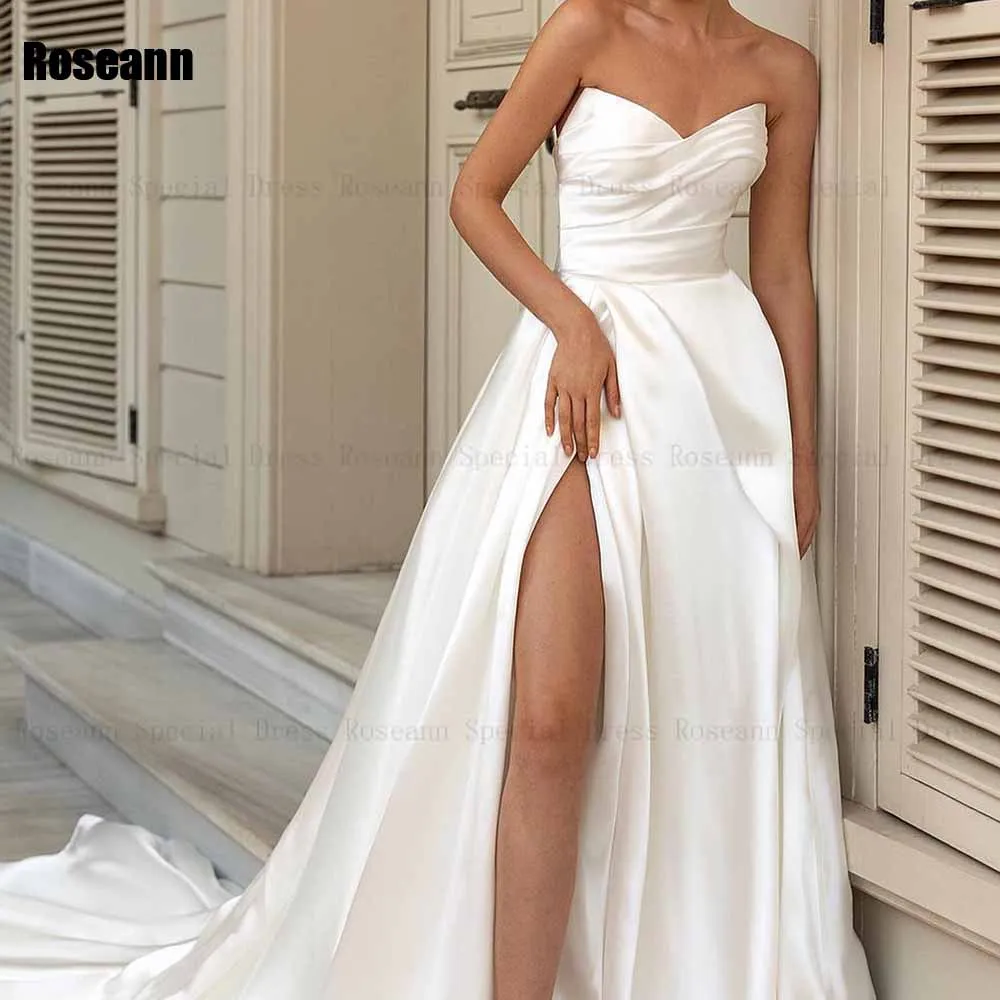 Robe de mariée trapèze personnalisée, sans manches, manches bouffantes, drapée, plissée, fendue sur le devant, dos ouvert, robes de mariée en Satin