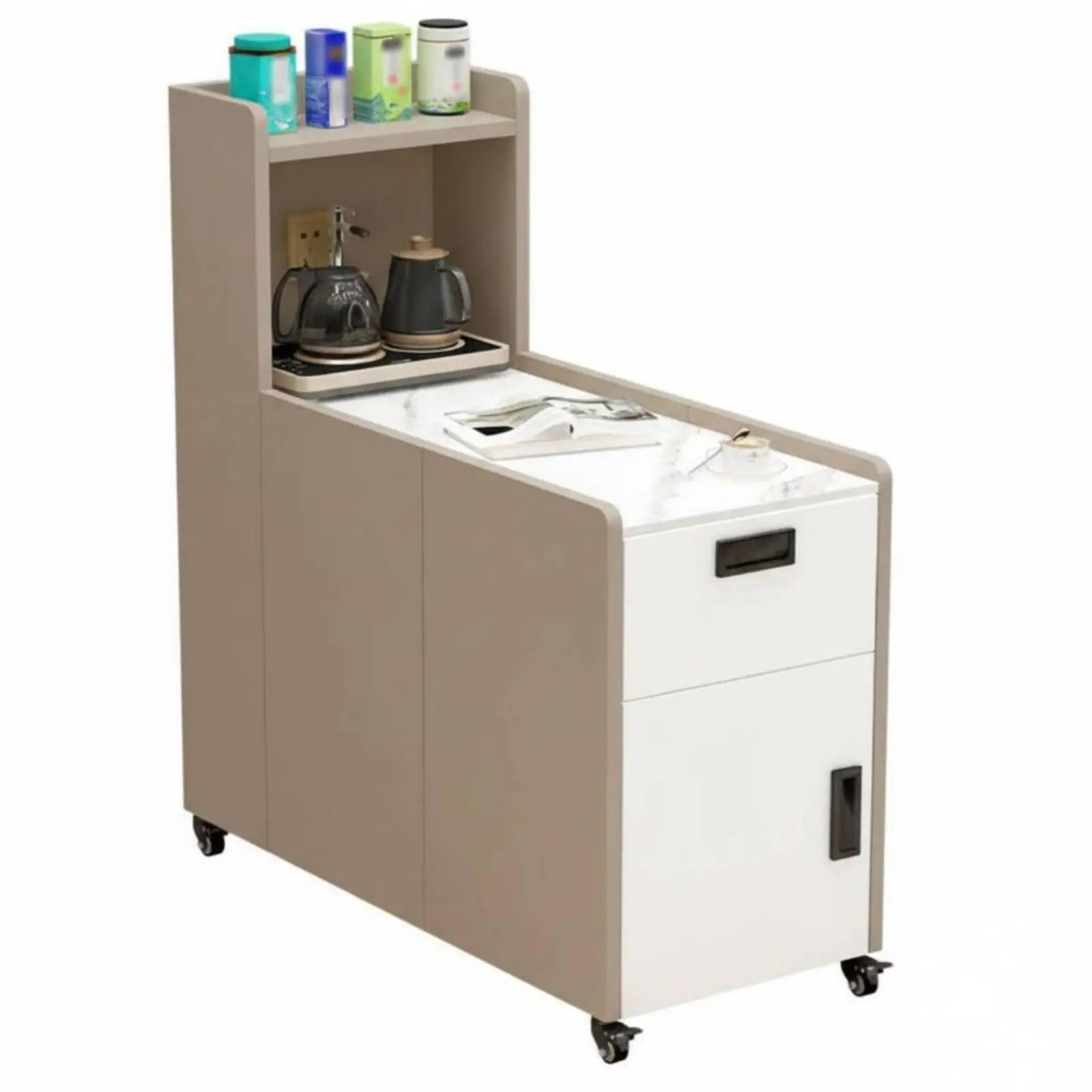 Mobile Sofa Side Cabinet with Sintered Stone Top Rolling Accent Table for Living Room Storage Unit with Locking Casters