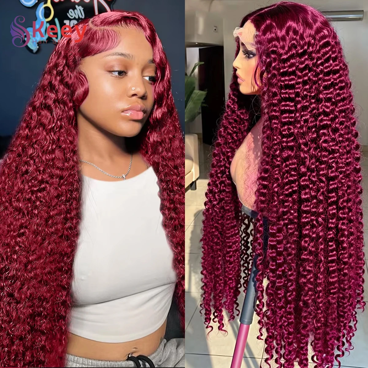 200 Density 99j Burgundy Deep Wave Wig 30 Inch 13x4 Hd Lace Frontal Wig 100% Curly Human Hair Red Colored Deep Wave Frontal Wig