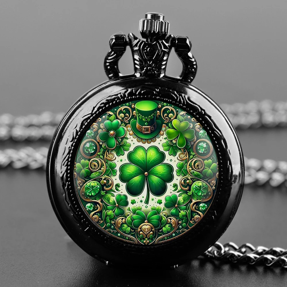 Four-leaf Clover Saint Patrick's Day Vintage Quartz Pocket Watch Men Women Black Pendant Necklace Chain Clock Jewelry Kids Gifts