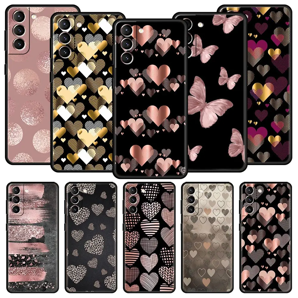 Gold Pink Rose Glitter Hearts Soft Phone Case For Samsung Galaxy S25 Edge S24 Plus S23 FE S22 S21 S20 Ultra 5G S10 Protect Cover