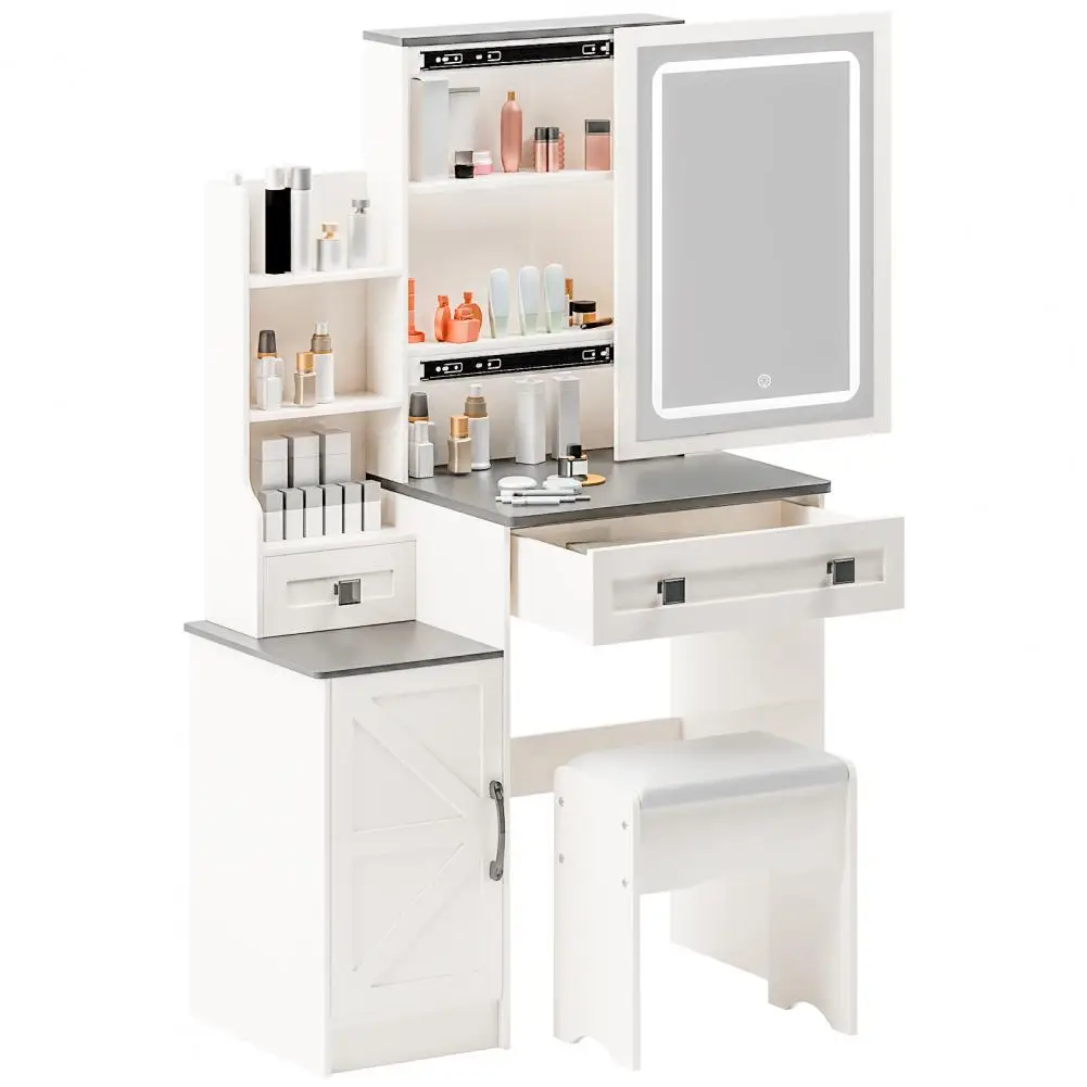 Vanity Desk with LED Lighted Mirror, Bedroom Dressing Table, Makeup Desk with Stool, 2 Drawers, 1 Barn, Open Shelves