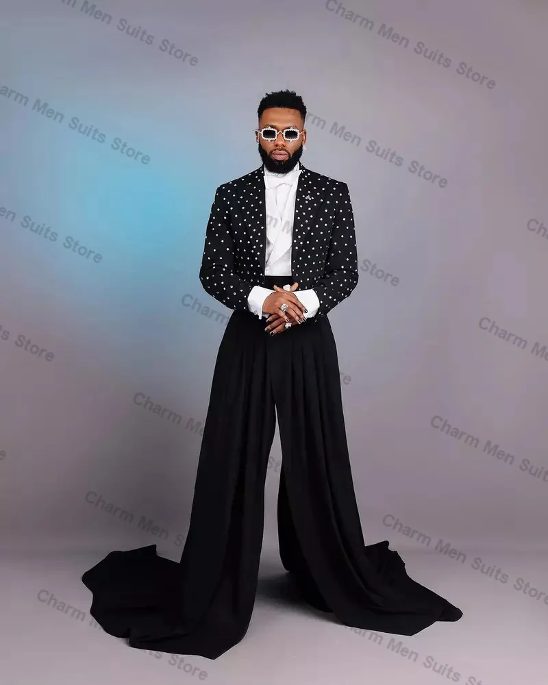 Black Crystals Men Suits Set 2 Piece Blazer+Wide Leg Pants Trousers Wedding Tuxedo Formal Office Cotton Groom Prom Jacket Coat