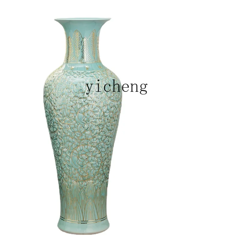 

Zf Celadon Gold Painting Light Luxury Ceramic Carving Large Vase Decoration New Chinese Living Room Decoration