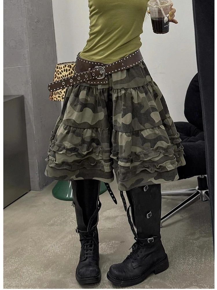 Camuflagem impressão dobras babados saia feminina outono inverno rua vintage cintura alta a linha saias de comprimento médio y2k skort