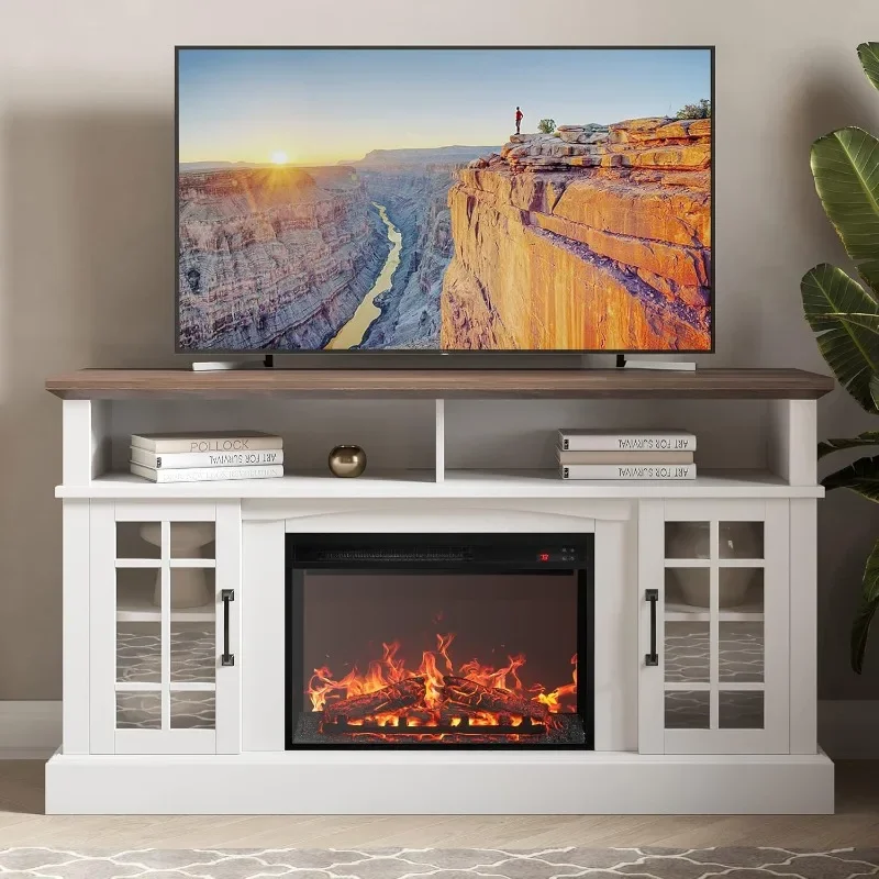 BELLEZE Supporto TV tradizionale rustico da 58" con stufa elettrica da 23" con suono, consolle per centro di intrattenimento multimediale