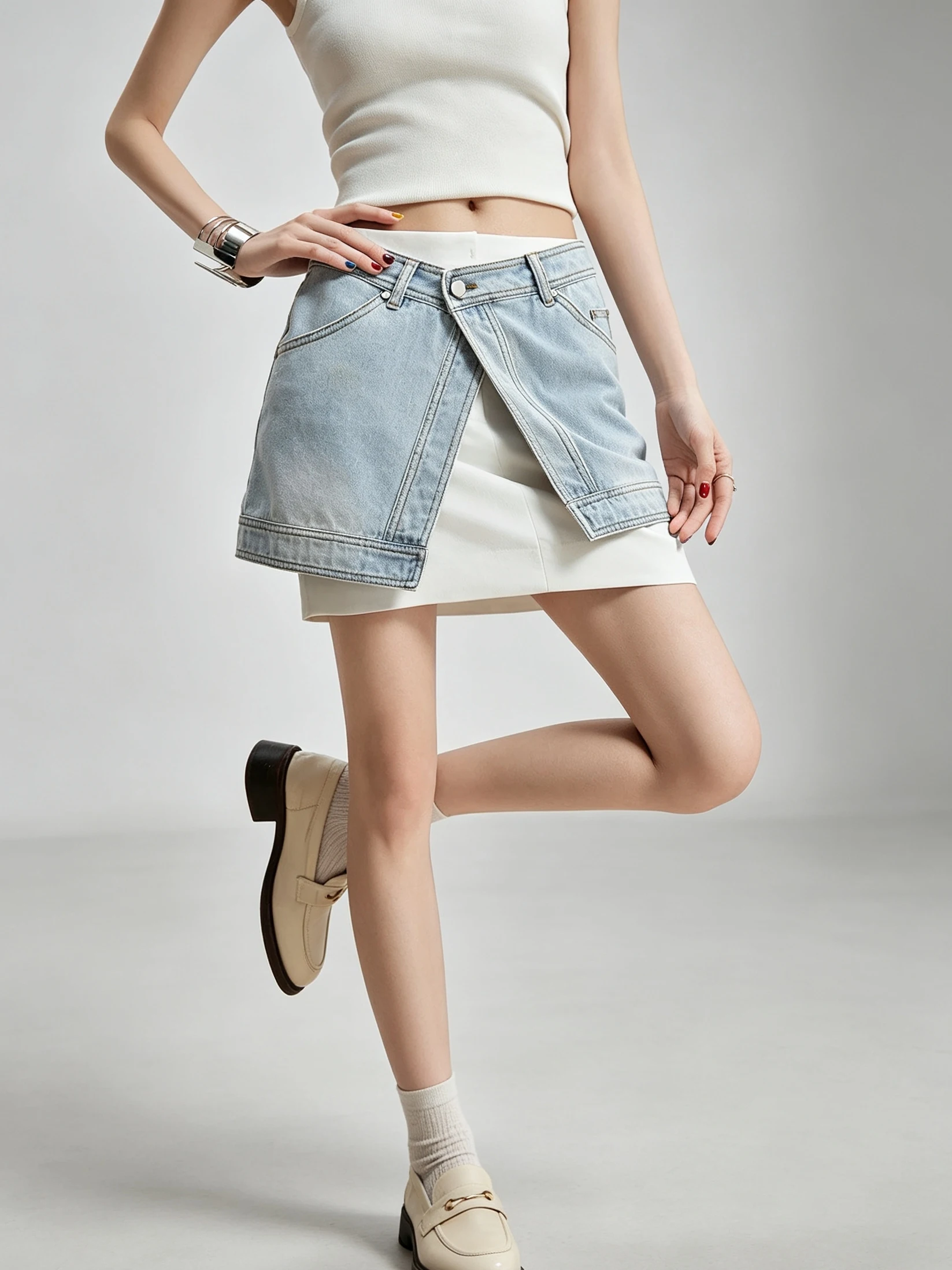 Light Blue Denim Short Skirt Women's High Waist Design Simple Matchability Half Body Trendy Faux Two-Piece Skirt Autumn