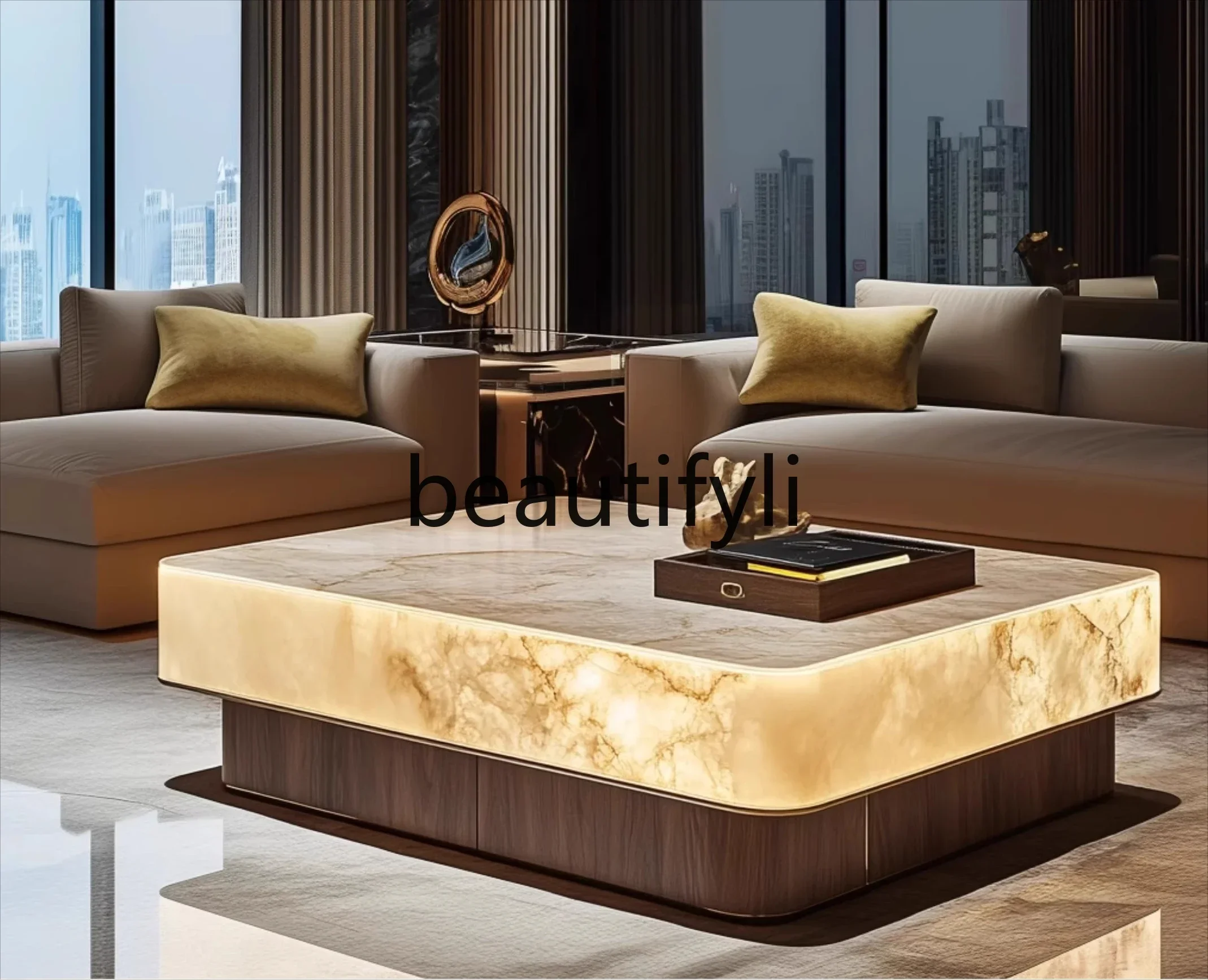 GLuminous jade coffee table natural marble rectangular luxury stone solid wood advanced light luxury  living room coffee table