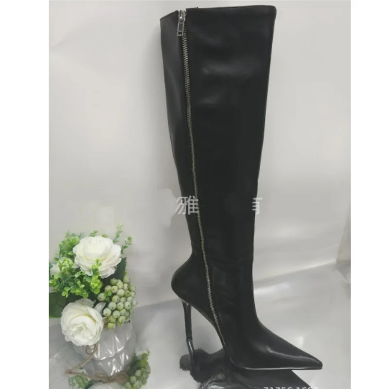 

High-Heeled Shaped Pointed Toe Long Boots Women Black Leather Side Zipper Knee Length Long Boots for Lady Plus Size 43
