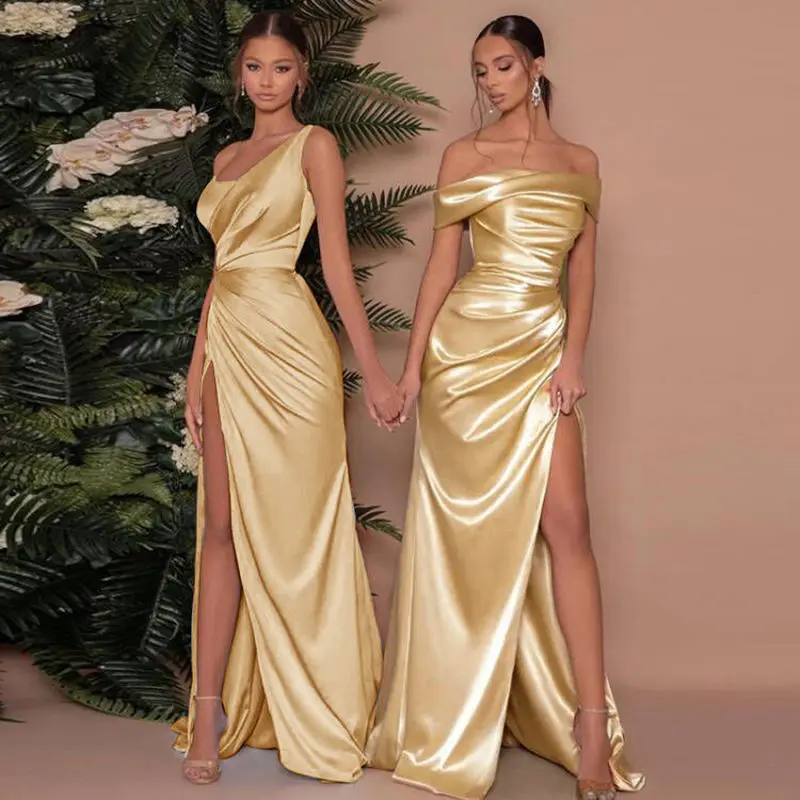 Elegant One Shoulder Evening Dress Designer Pleated Satin Champagne Prom Party Dress Sexy Side Split Robe De Mariée In Stock